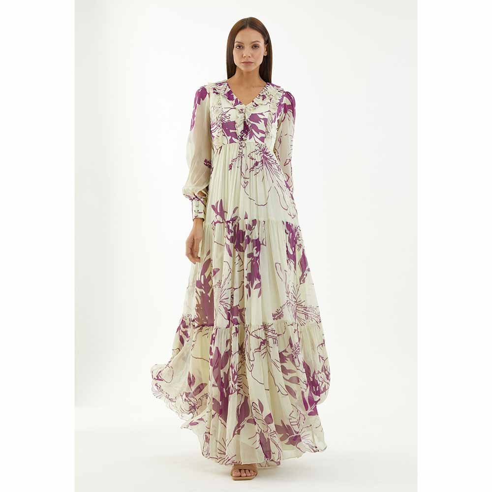 KoAi White and Purple Floral Long Dress