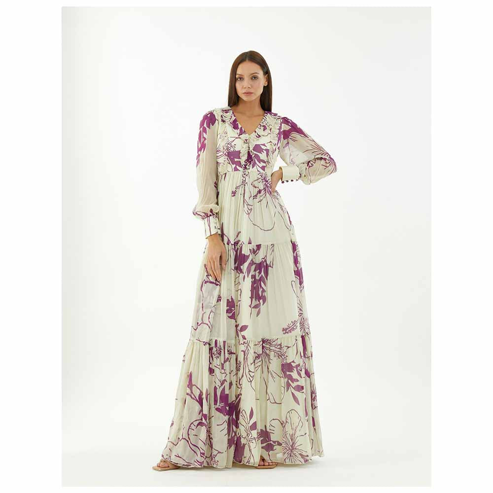 KoAi White and Purple Floral Long Dress