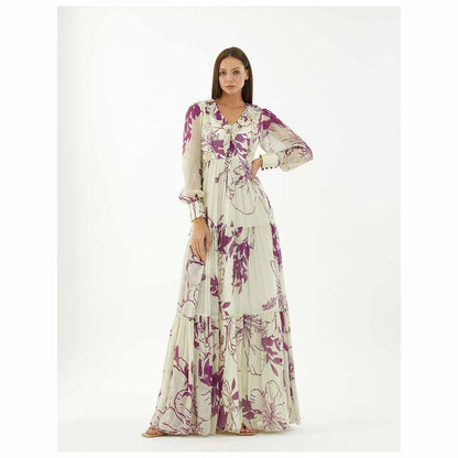 KoAi White and Purple Floral Long Dress