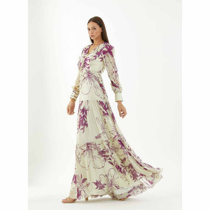 KoAi White and Purple Floral Long Dress