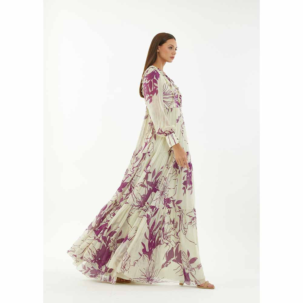 KoAi White and Purple Floral Long Dress
