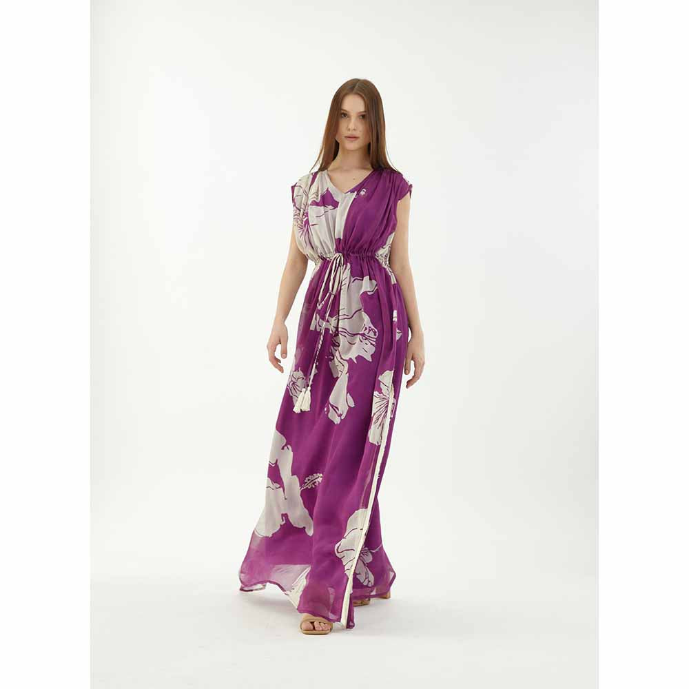 KoAi Purple and White Floral Kaftan (Set of 2)