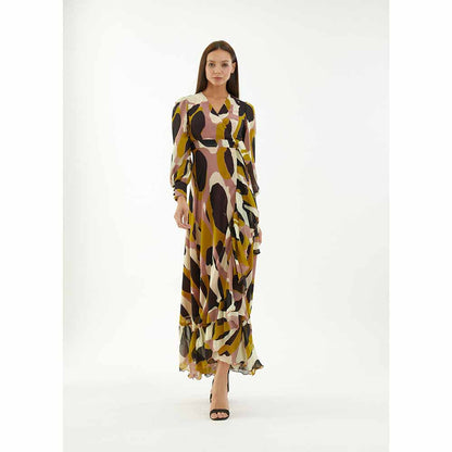 KoAi Peach, White, Black and Mustard Wrap Dress