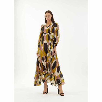 KoAi Peach, White, Black and Mustard Wrap Dress