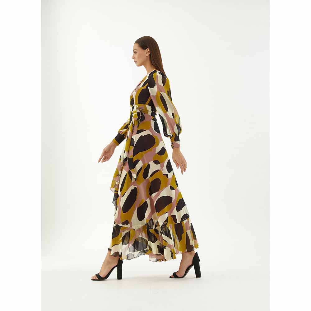 KoAi Peach, White, Black and Mustard Wrap Dress
