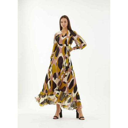 KoAi Peach, White, Black and Mustard Wrap Dress