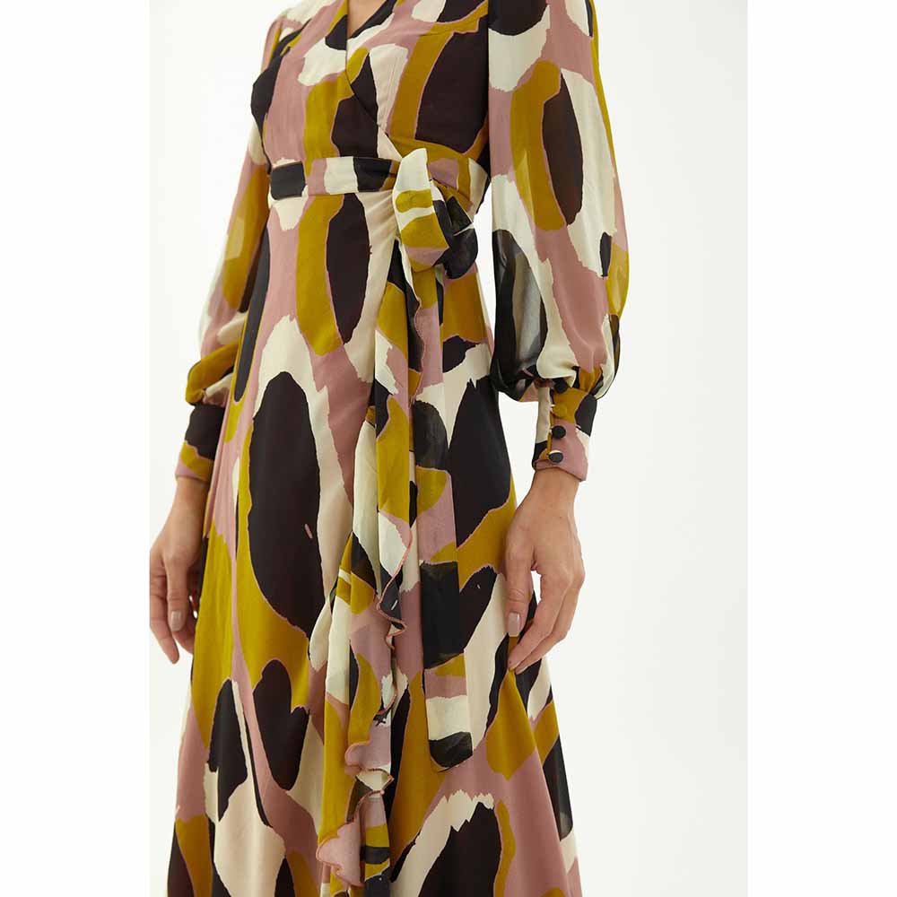 KoAi Peach, White, Black and Mustard Wrap Dress