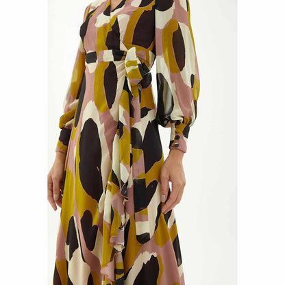 KoAi Peach, White, Black and Mustard Wrap Dress