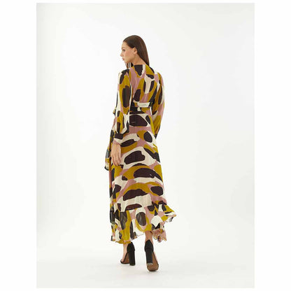 KoAi Peach, White, Black and Mustard Wrap Dress