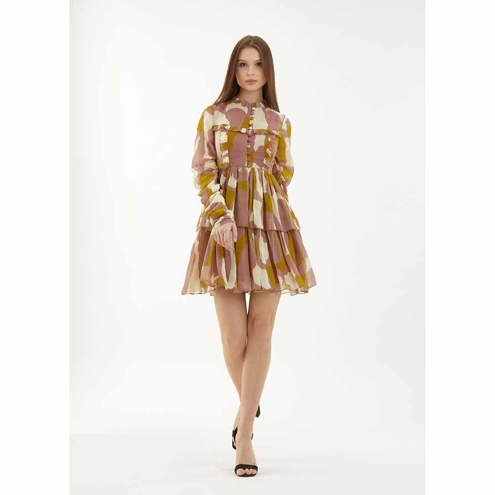 KoAi Peach, Mustard and Off-White Frill Short Dress