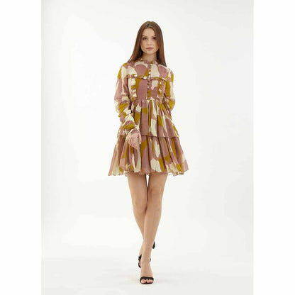 KoAi Peach, Mustard and Off-White Frill Short Dress