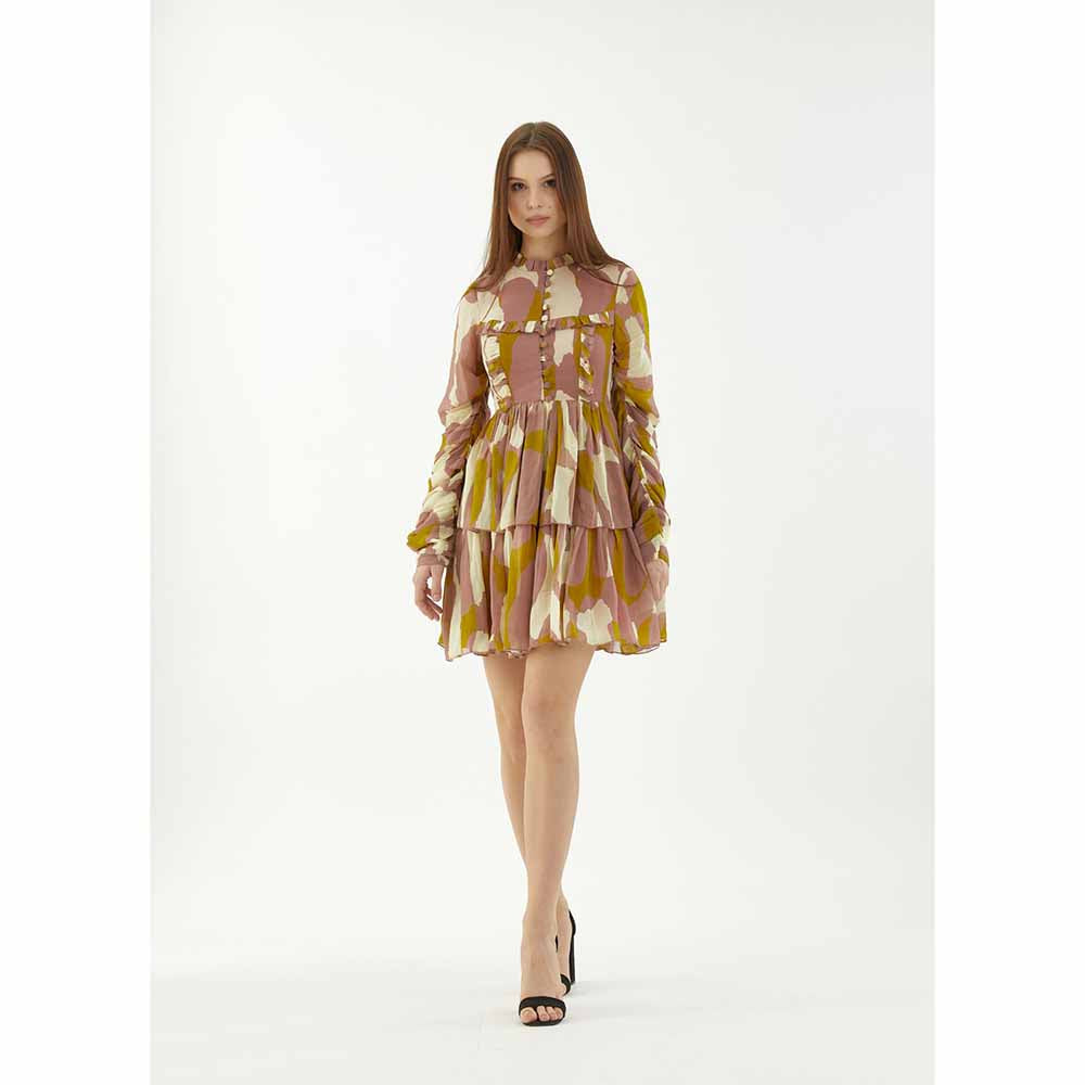 KoAi Peach, Mustard and Off-White Frill Short Dress