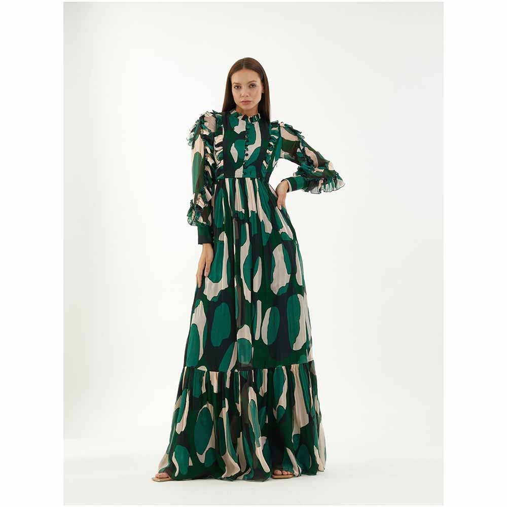 KoAi Green, Black and Off-White Abstract Frill Long Dress