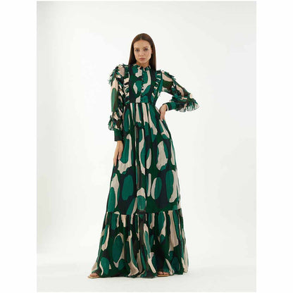 KoAi Green, Black and Off-White Abstract Frill Long Dress