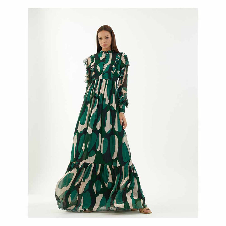 KoAi Green, Black and Off-White Abstract Frill Long Dress