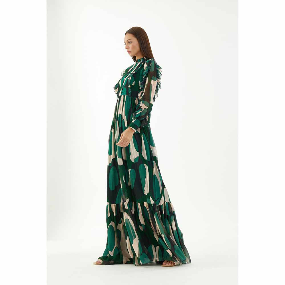 KoAi Green, Black and Off-White Abstract Frill Long Dress