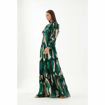 KoAi Green, Black and Off-White Abstract Frill Long Dress