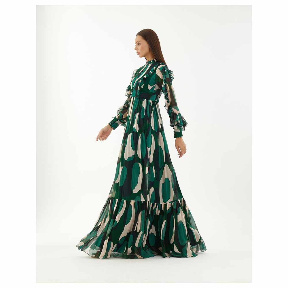 KoAi Green, Black and Off-White Abstract Frill Long Dress