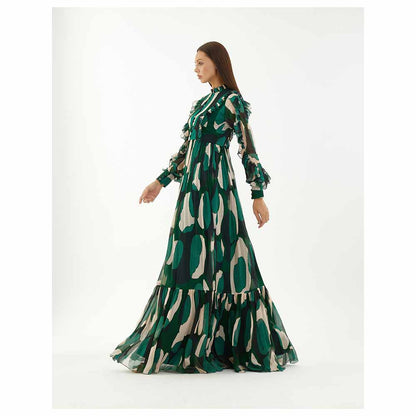 KoAi Green, Black and Off-White Abstract Frill Long Dress