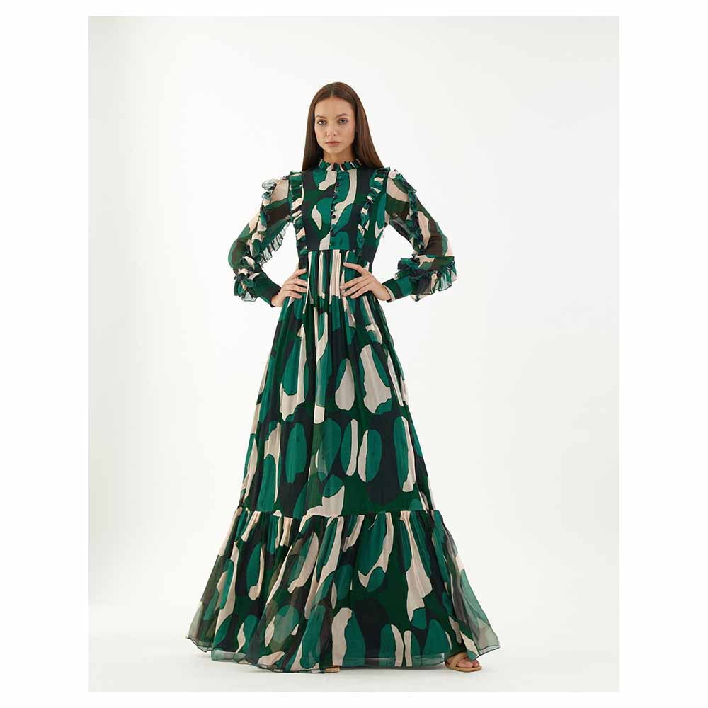 KoAi Green, Black and Off-White Abstract Frill Long Dress