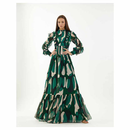 KoAi Green, Black and Off-White Abstract Frill Long Dress