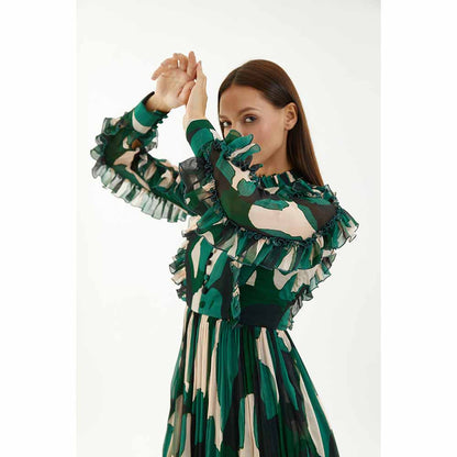 KoAi Green, Black and Off-White Abstract Frill Long Dress