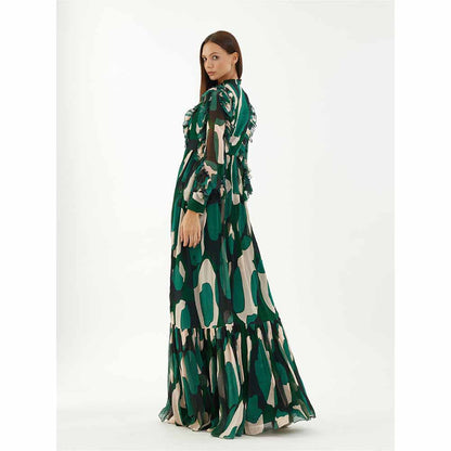 KoAi Green, Black and Off-White Abstract Frill Long Dress