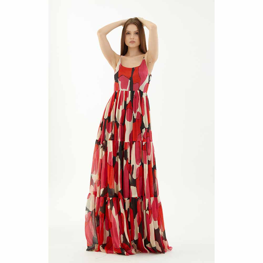 KoAi Red White and Black Long Flare Dress