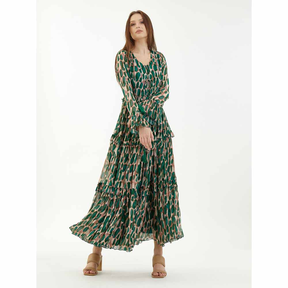 KoAi Green and Peach Front Open Frill Dress