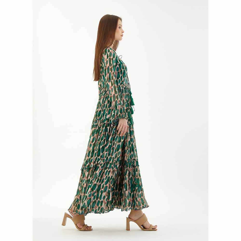 KoAi Green and Peach Front Open Frill Dress