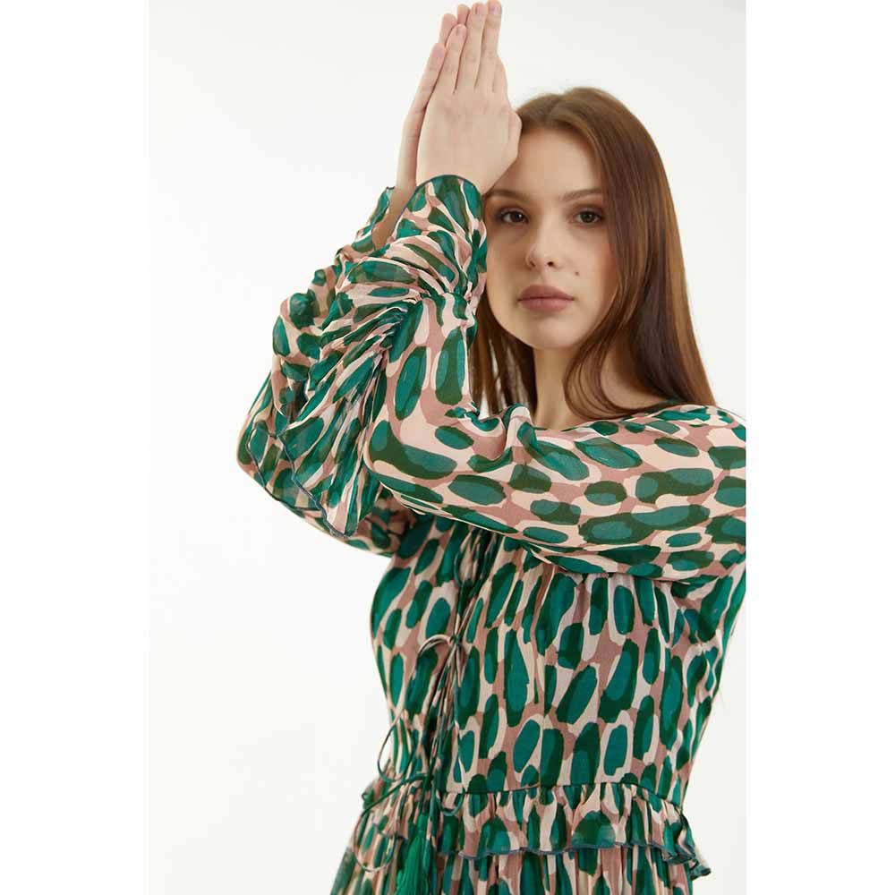 KoAi Green and Peach Front Open Frill Dress