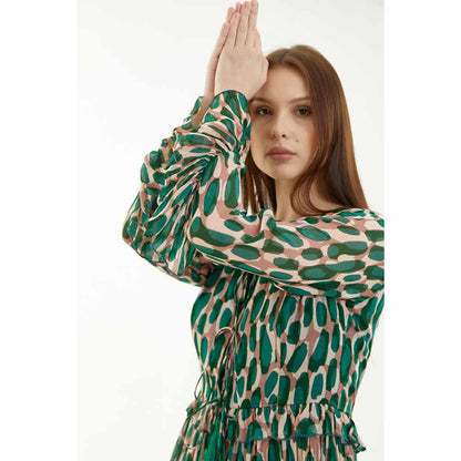 KoAi Green and Peach Front Open Frill Dress