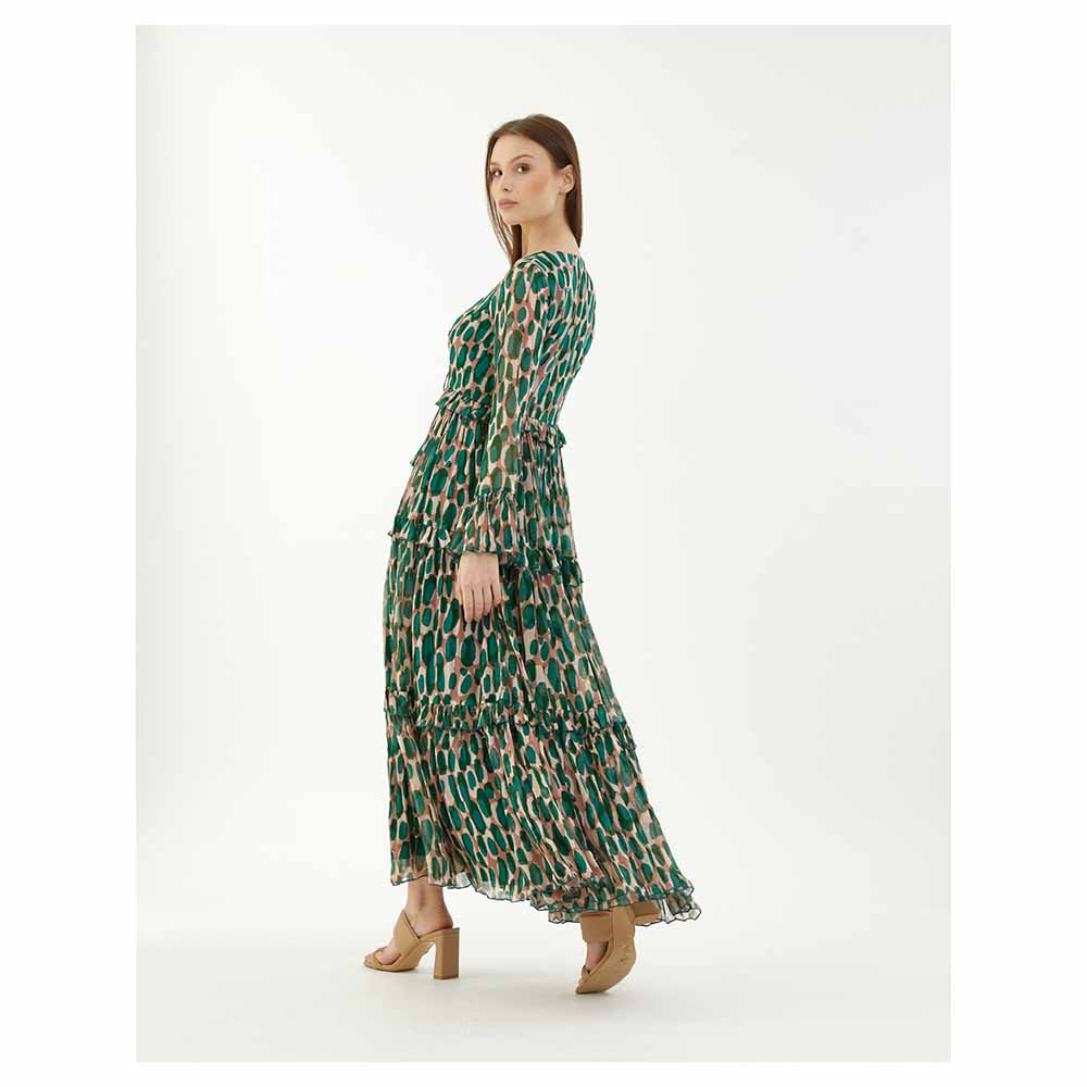 KoAi Green and Peach Front Open Frill Dress