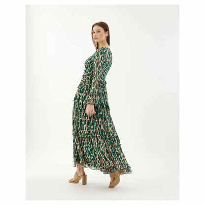 KoAi Green and Peach Front Open Frill Dress