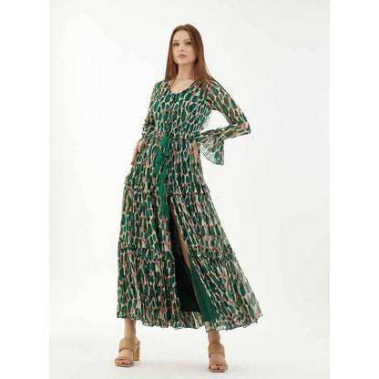 KoAi Green and Peach Front Open Frill Dress