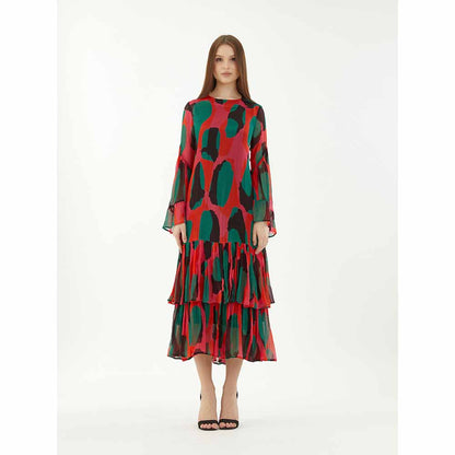 KoAi Red, Green and Black Abstract Frill Dress