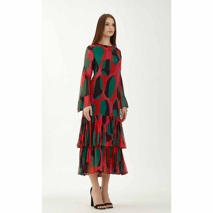 KoAi Red, Green and Black Abstract Frill Dress