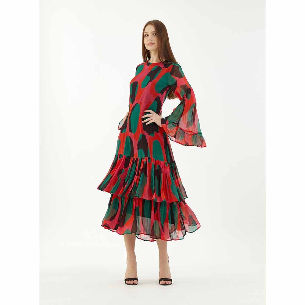 KoAi Red, Green and Black Abstract Frill Dress