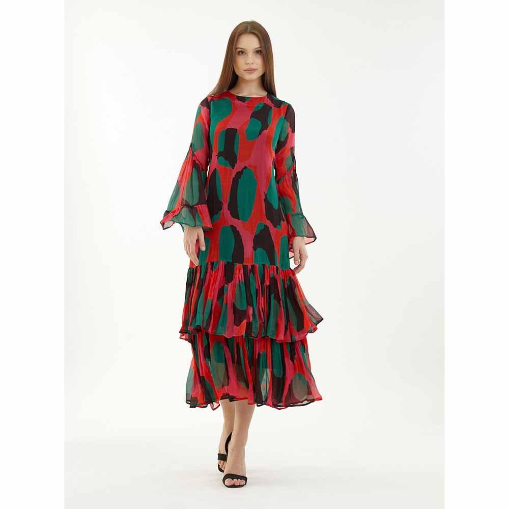 KoAi Red, Green and Black Abstract Frill Dress