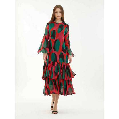 KoAi Red, Green and Black Abstract Frill Dress