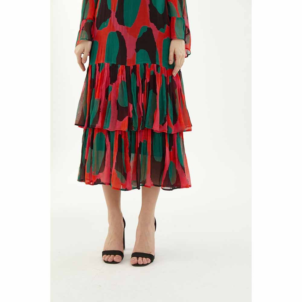 KoAi Red, Green and Black Abstract Frill Dress