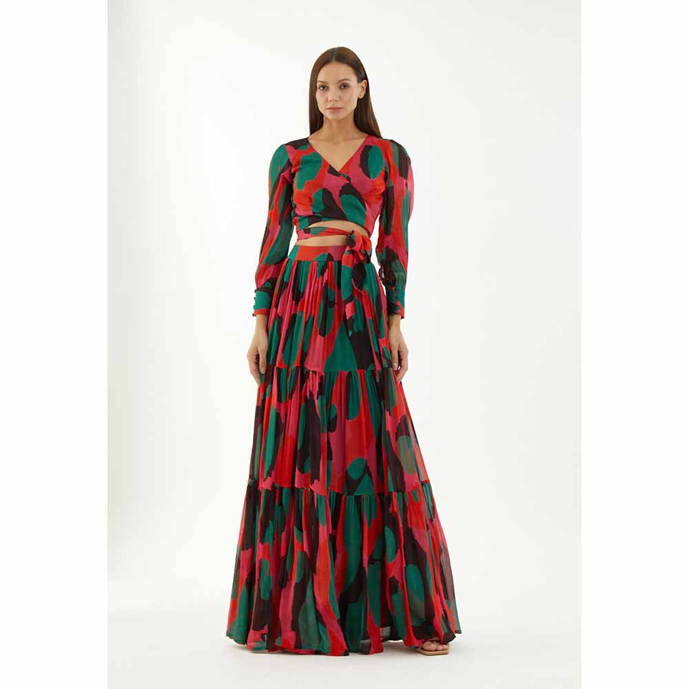 KoAi Red, Green and Black Abstract Wrap Top (Set of 2)