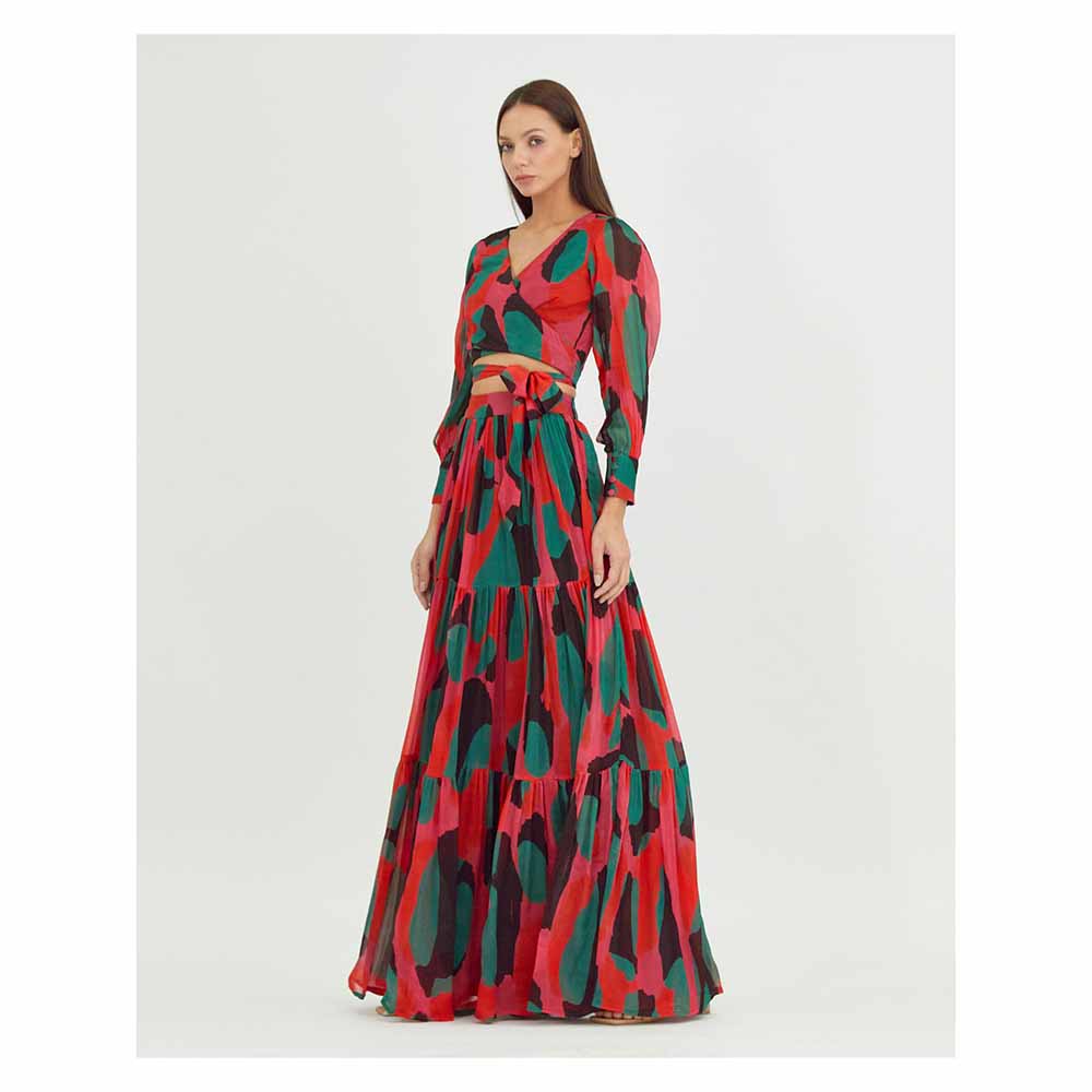 KoAi Red, Green and Black Abstract Wrap Top (Set of 2)