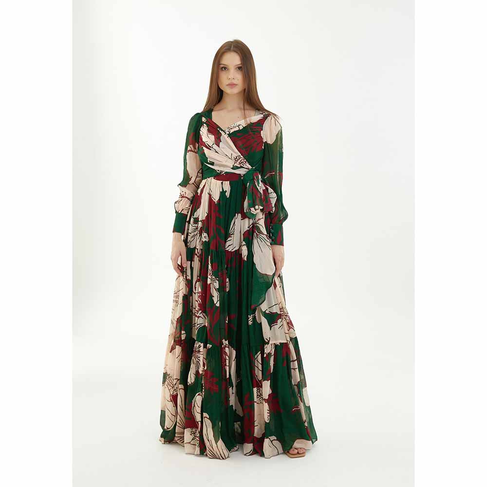KoAi Green, Red and Off-White Long Floral Dress