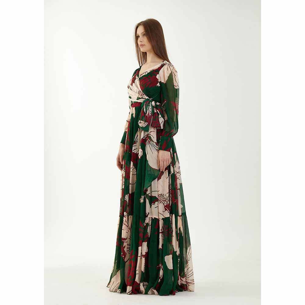 KoAi Green, Red and Off-White Long Floral Dress