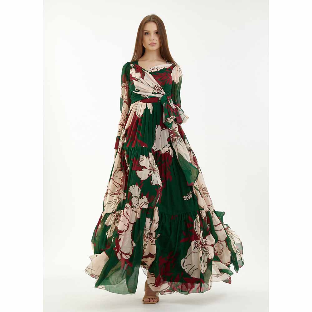 KoAi Green, Red and Off-White Long Floral Dress