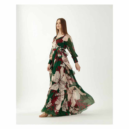 KoAi Green, Red and Off-White Long Floral Dress