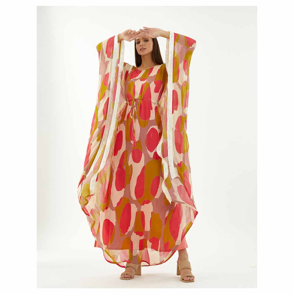 KoAi Mustard, Pink and Off-White Abstract Kaftan (Set of 2)