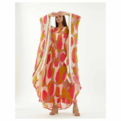 KoAi Mustard, Pink and Off-White Abstract Kaftan (Set of 2)