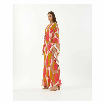 KoAi Mustard, Pink and Off-White Abstract Kaftan (Set of 2)